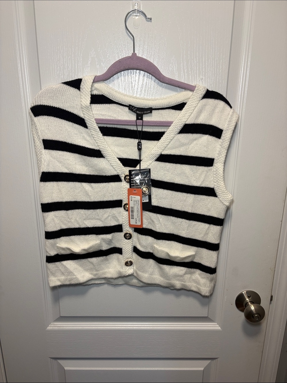 Striped V-Neck Button Front Sweater Vest - Black & White
